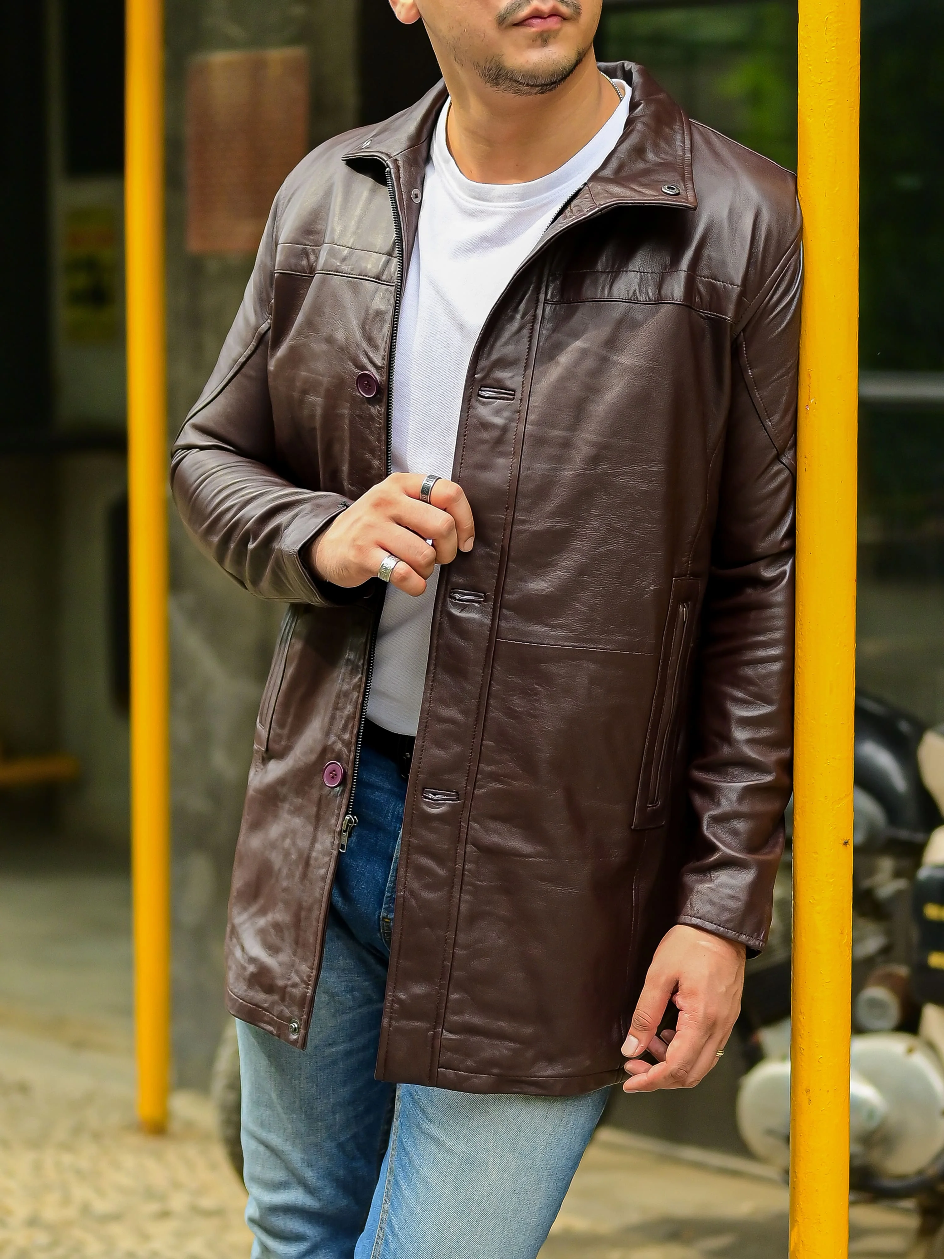 Jild 3/4 Length Brown Trench Leather Car Coats for Men